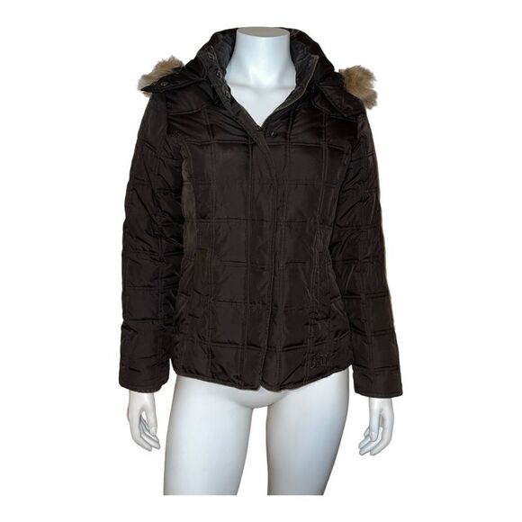 Gap Women's Brown Hooded Puffer Jacket Coat Faux Fur Trim Small EUC - Picture 1 of 7